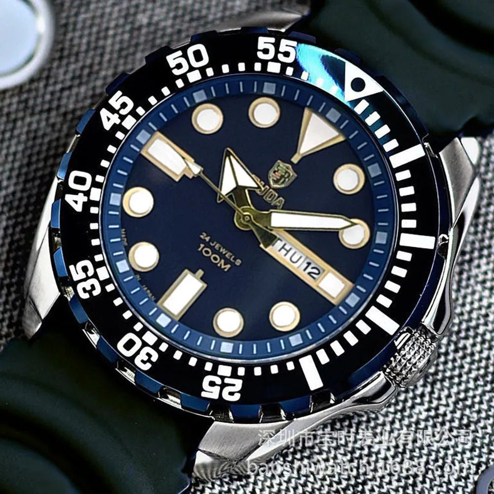 Men's waterproof luminous quartz watch with blue dial and steel band on wrist