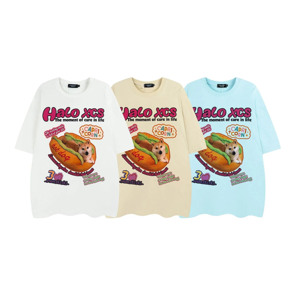 Cartoon hamburger dog printed couple's T-shirts in white, apricot and sky blue colours