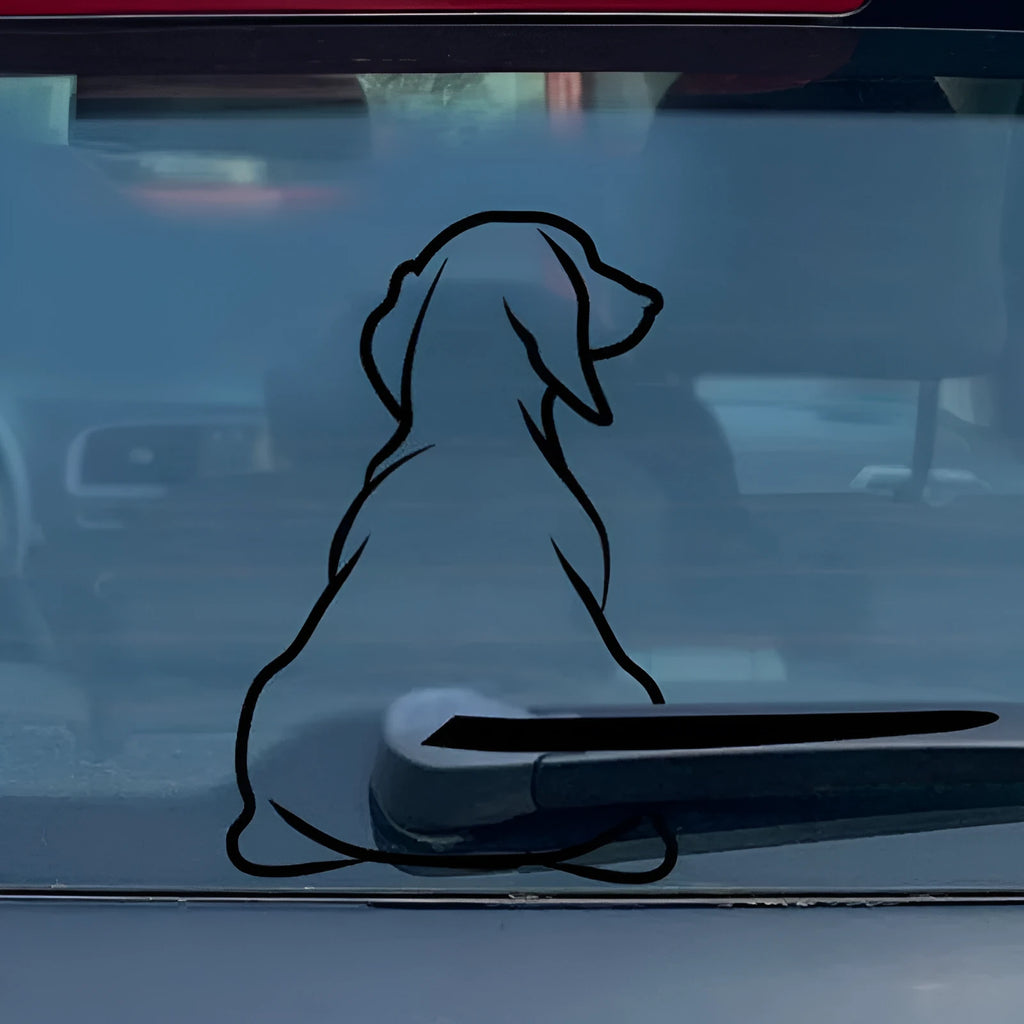 Cartoon dog windscreen wiper car decal sticker showing black and white colour options with dimensions 21x33cm