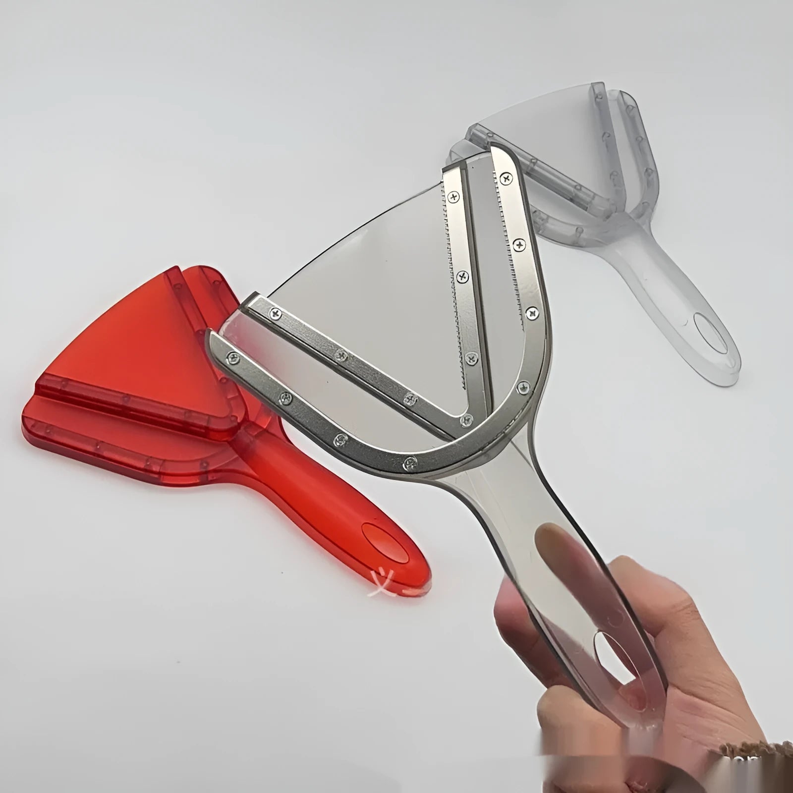 Telescopic bottle opener with non-slip handle in clear, red, and transparent grey colours