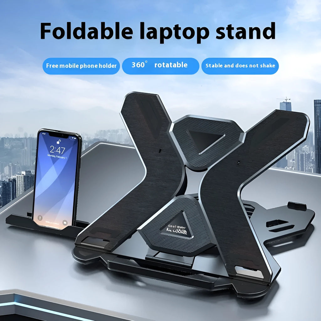 Black ABS plastic laptop stand with integrated strap phone holder on wooden desk