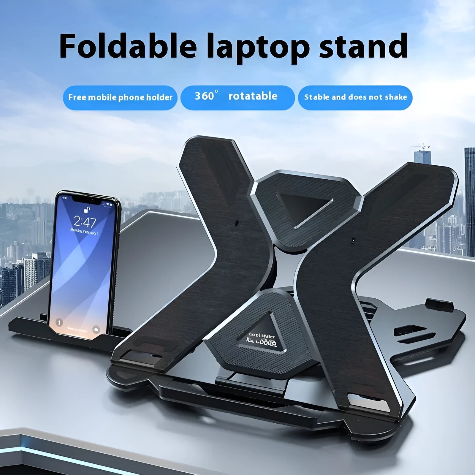 Black ABS plastic laptop stand with integrated strap phone holder on wooden desk