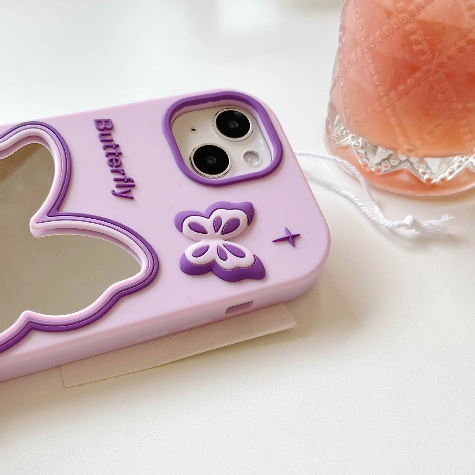 Purple butterfly mirror silicone phone case for Apple iPhone with colour matching back cover design