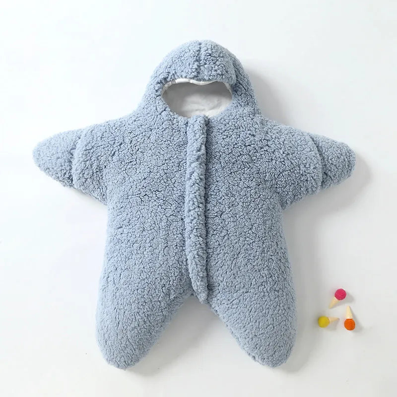 Baby starfish lamb velvet sleeping bag in pink with hood and zip, 76x78x39cm, for newborns 0-6 months