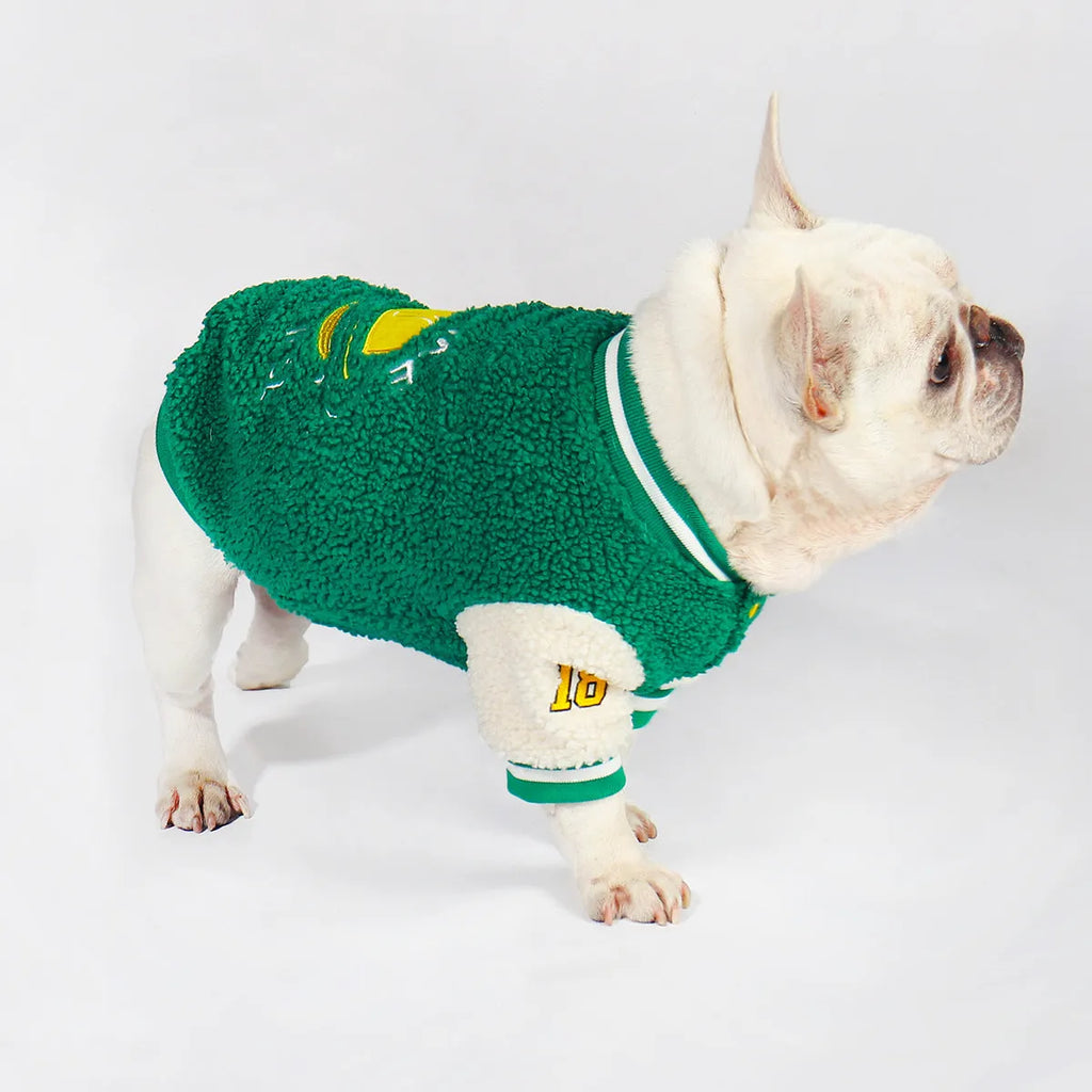 Green fleece-lined dog coat for winter, available in sizes L to 4XL, made of cotton and polyester