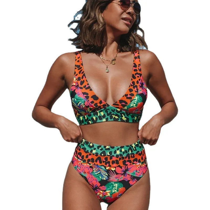 Women's floral print high-waisted bikini set for swimming