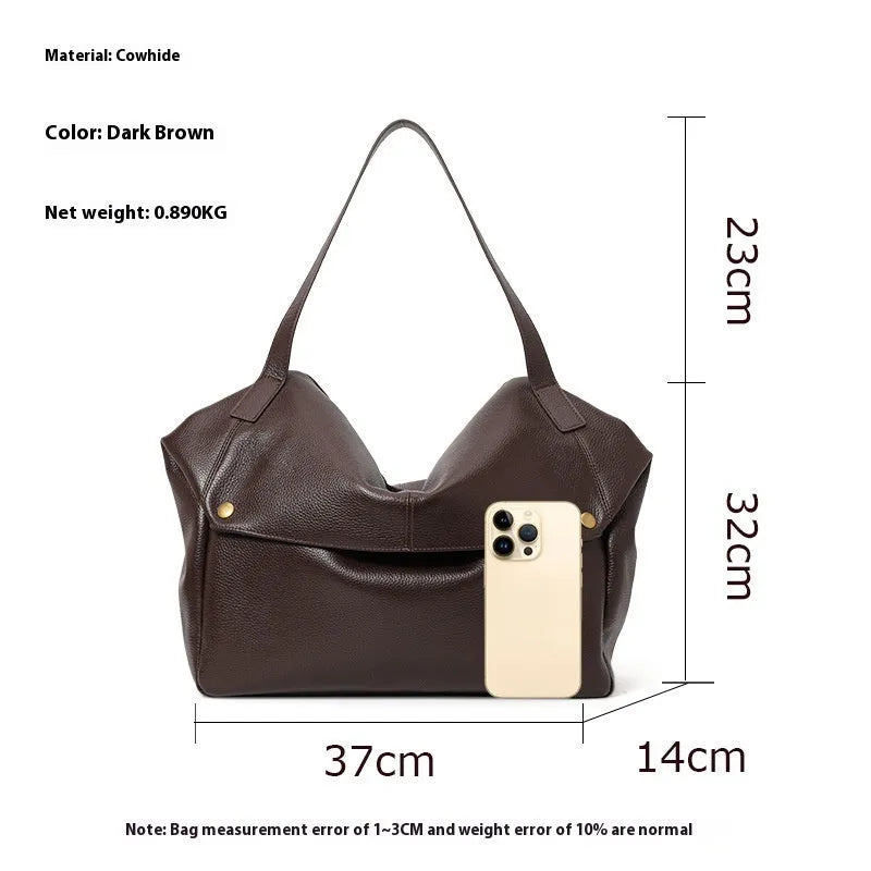 Brown genuine leather women's shoulder bag with horizontal square design showing interior zippered compartment