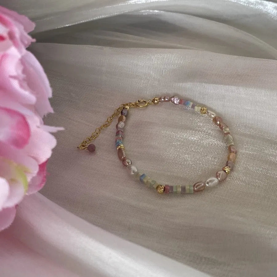 Natural pearl bracelet and necklace set with 14K gilded purple finish in irregular U-shaped design