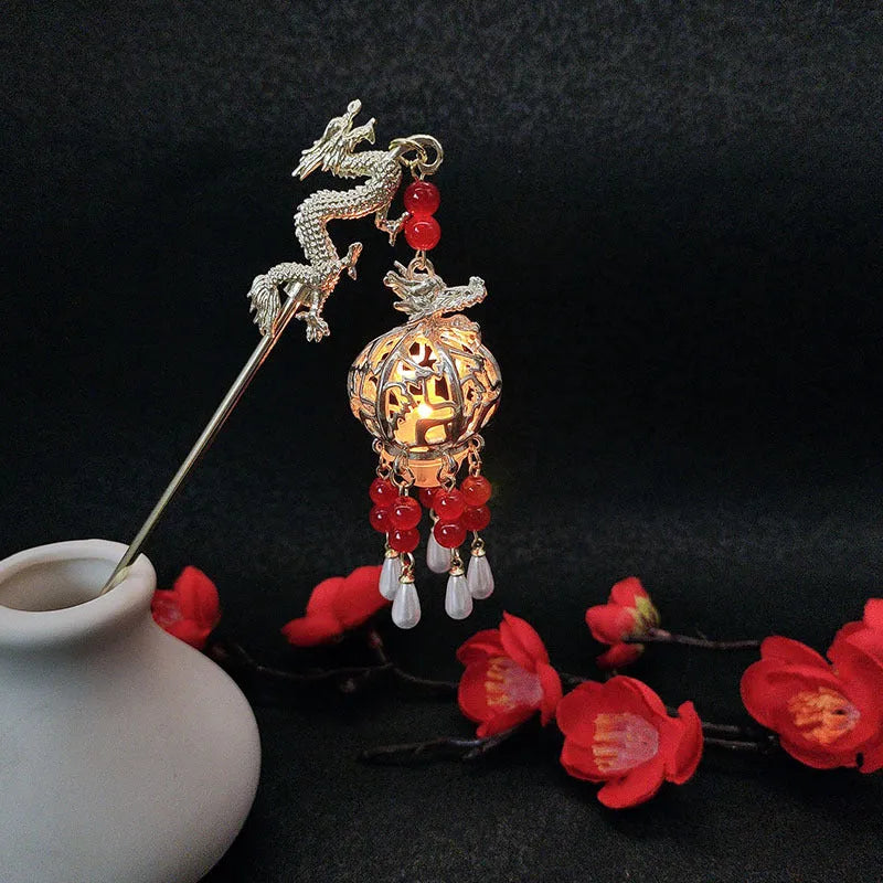 Dragon year luminous lantern hairpin with pearl finish and retro geometric design