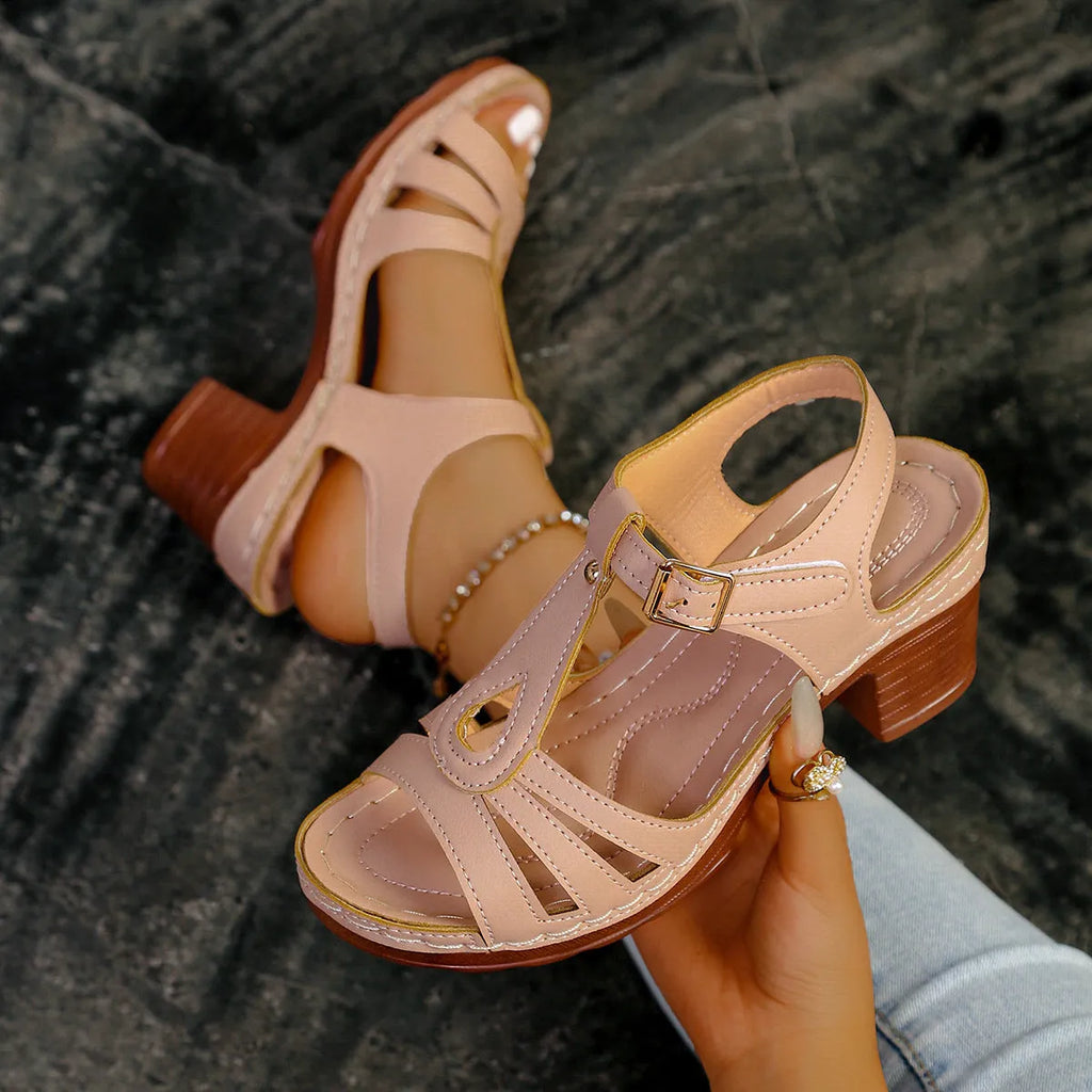 Women's black peep toe wedge platform sandals with a silver buckle fastener
