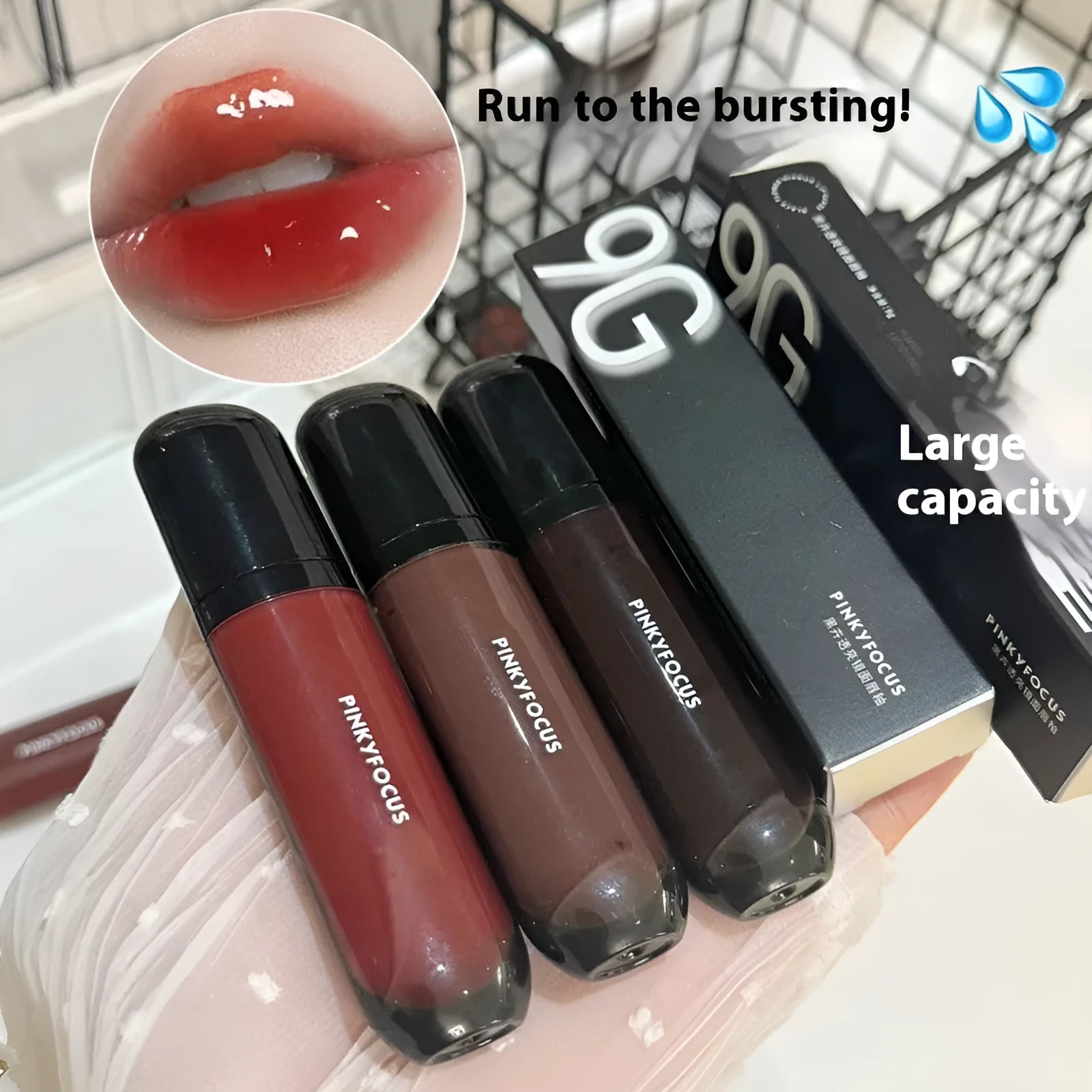 Black Shiny Mirror Lip Paint showing six colour shades in lacquer format