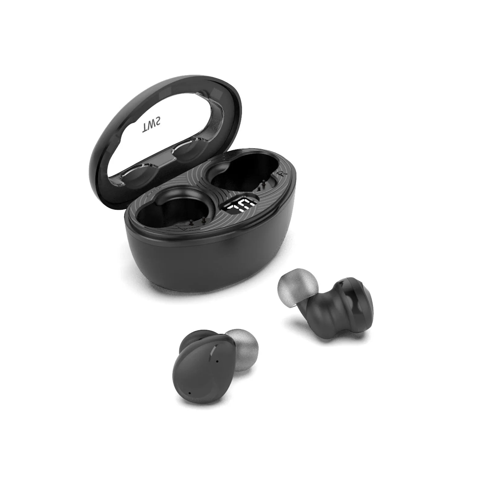 Active noise reduction wireless Bluetooth headset in black, with in-ear design and USB charging cable