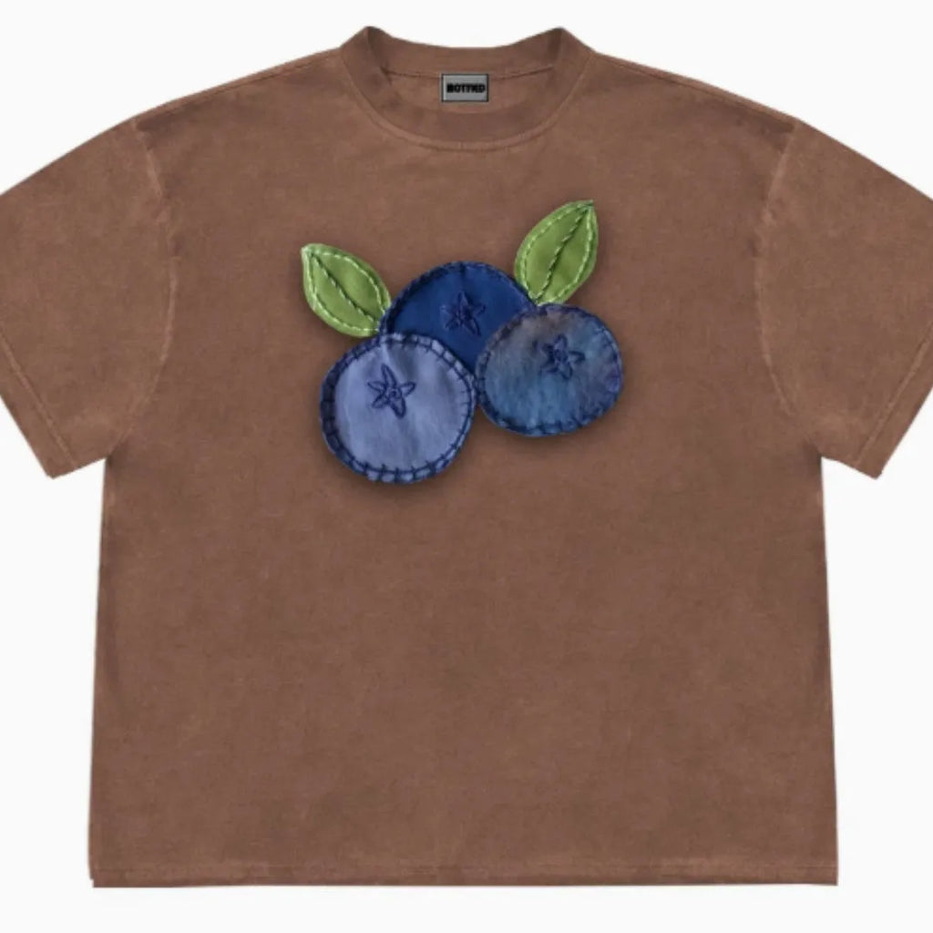 Women's blueberry patchwork t-shirt in ice oxygen cotton with plant flower design