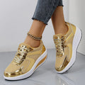 Women's gold mesh platform elevator trainers with cross strap and round toe