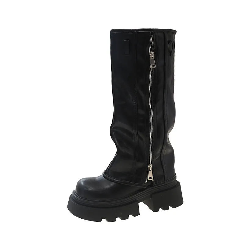 Platform muffin pants Martin boots with high cylinder design and square heel in black colour