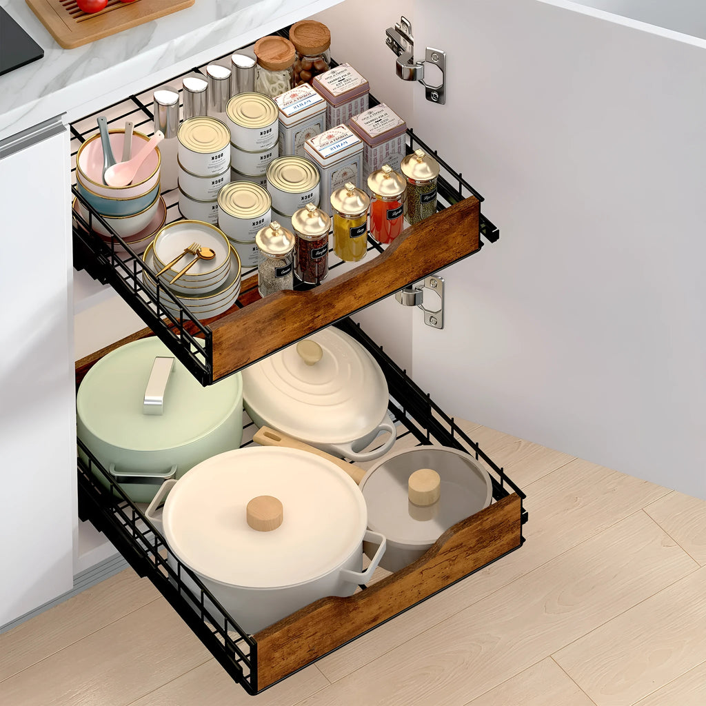 Black household storage rack with wood and iron construction and pull basket mechanism
