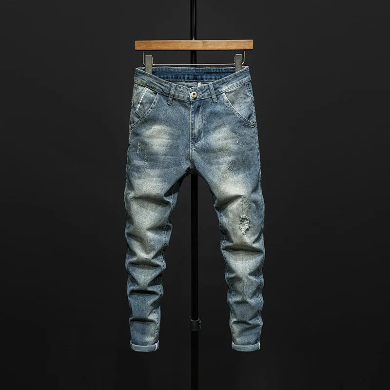 Men's skinny fit blue jeans with slim tailoring and stretch denim fabric