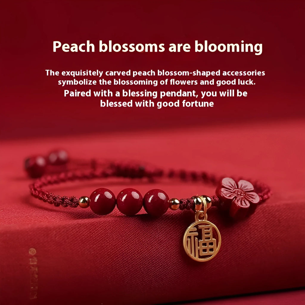 Cinnabar round bead blessing card bracelet with adjustable braided rope on neutral background