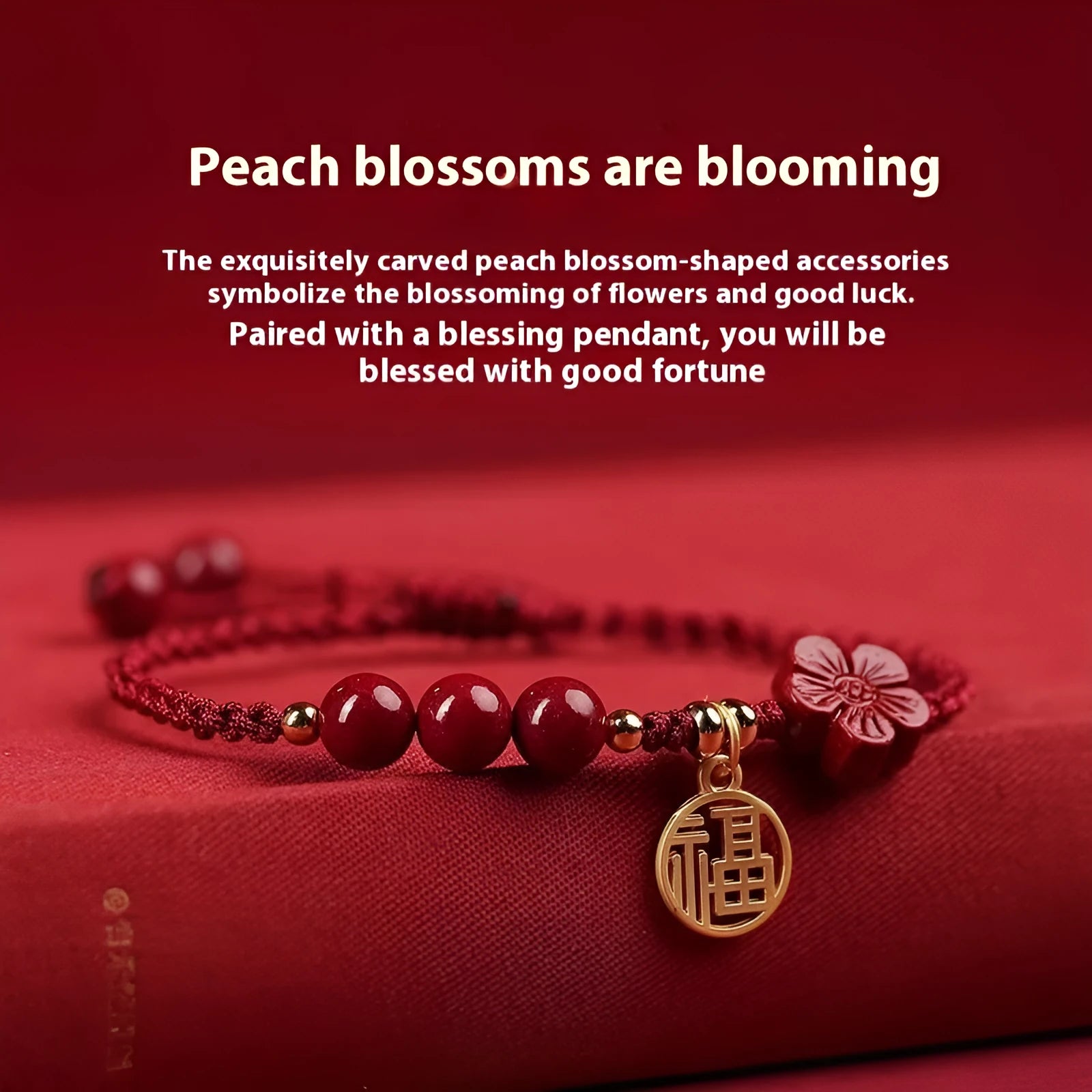 Cinnabar round bead blessing card bracelet with adjustable braided rope on neutral background