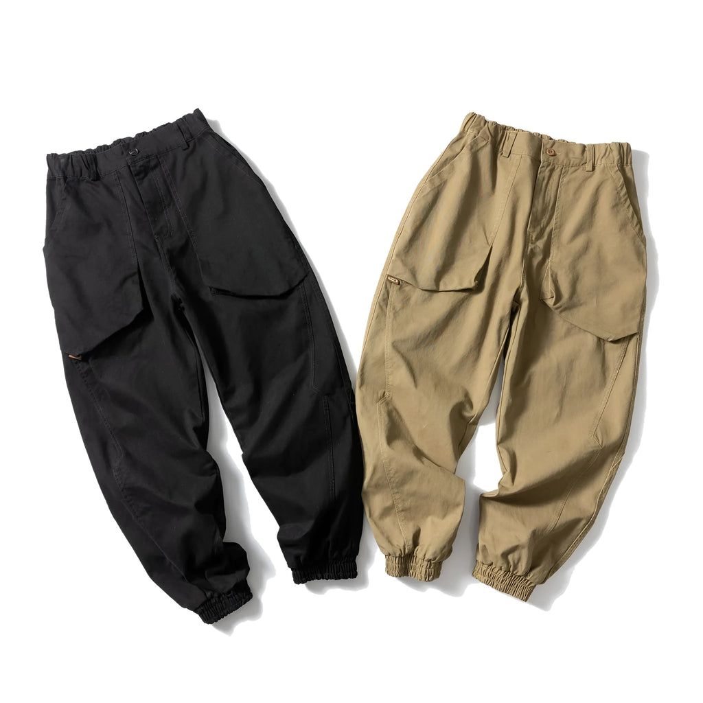 Solid colour large pocket tapered casual pants in black, ankle tie design, cotton loose fit Japanese retro style
