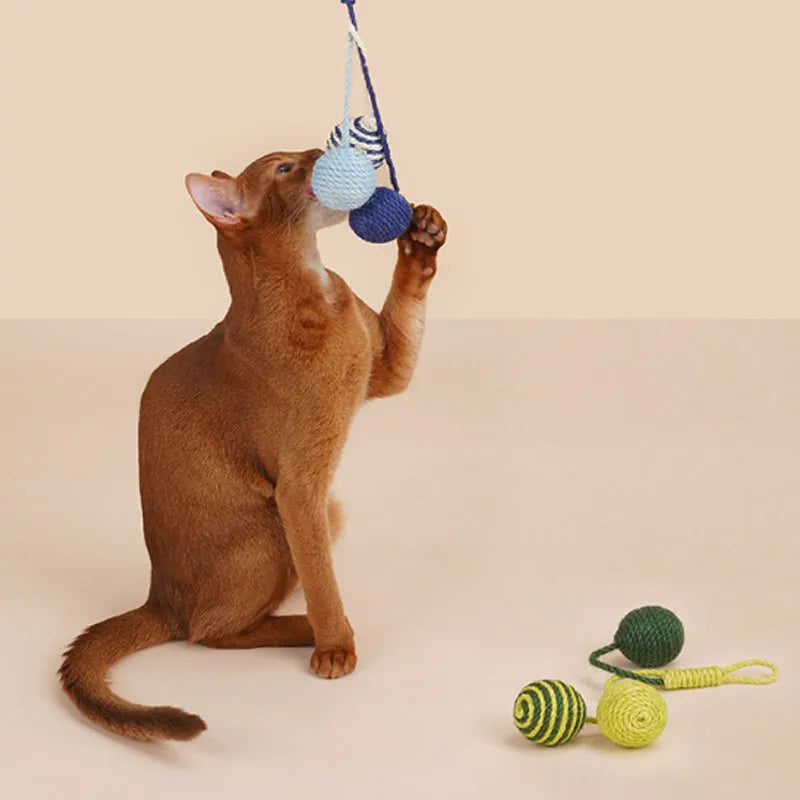 Multi-colour cat toy set with bite-resistant catnip ball and aluminium rod teaser stick