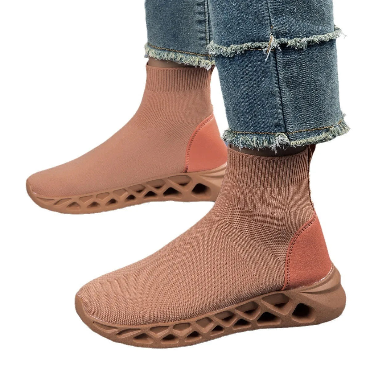 Women's high-top casual stretch sock boots in Terracotta Warriors colour, breathable mesh upper, flat heel, shallow mouth style