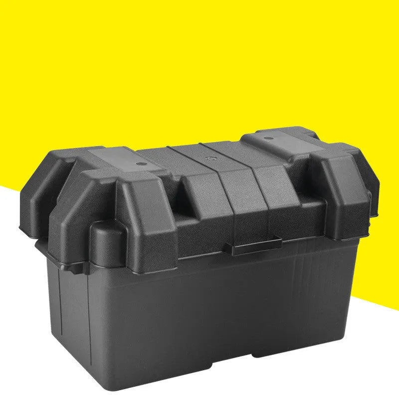Battery storage box in black PP plastic with strap and base screw fixing, small size shown