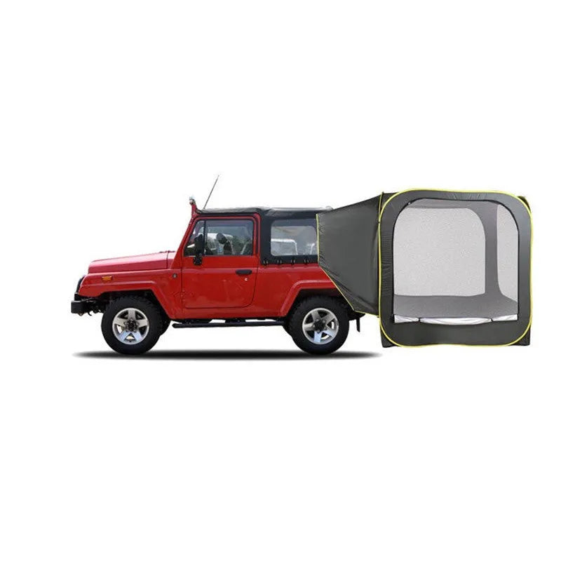 Black pop-up car tail tent with steel frame poles unfolded to 200cm cubic dimensions