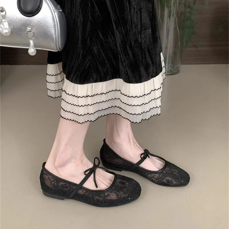 Flat Lace Mesh Breathable Mary Jane Evening Shoes with Mid Heel 3-5CM Sizes 35-45 Rubber Sole Microfiber Upper for Women Party Dance