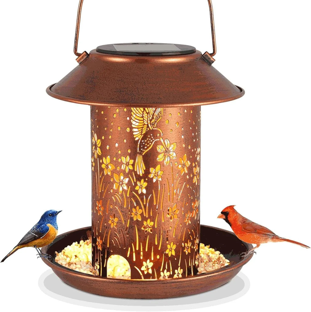 Hummingbird pattern solar lamp bird feeder with iron art construction for outdoor gardens