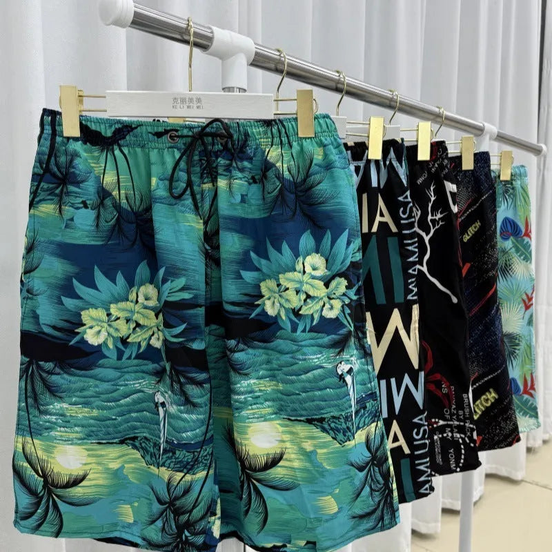 Men's loose quick-dry ice silk beach pants with striped floral print, free size 55-95kg, multiple colours