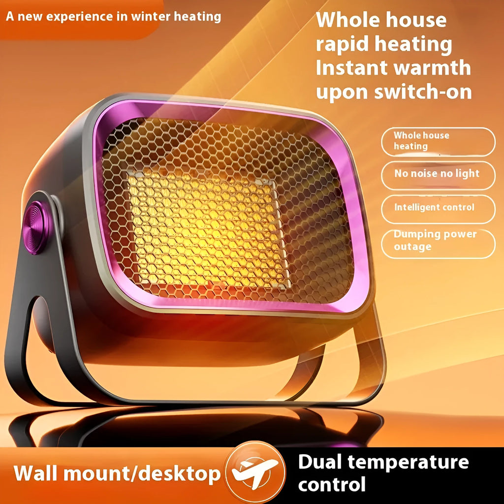 White desktop ceramic fan heater with rotatable base on a wooden table.