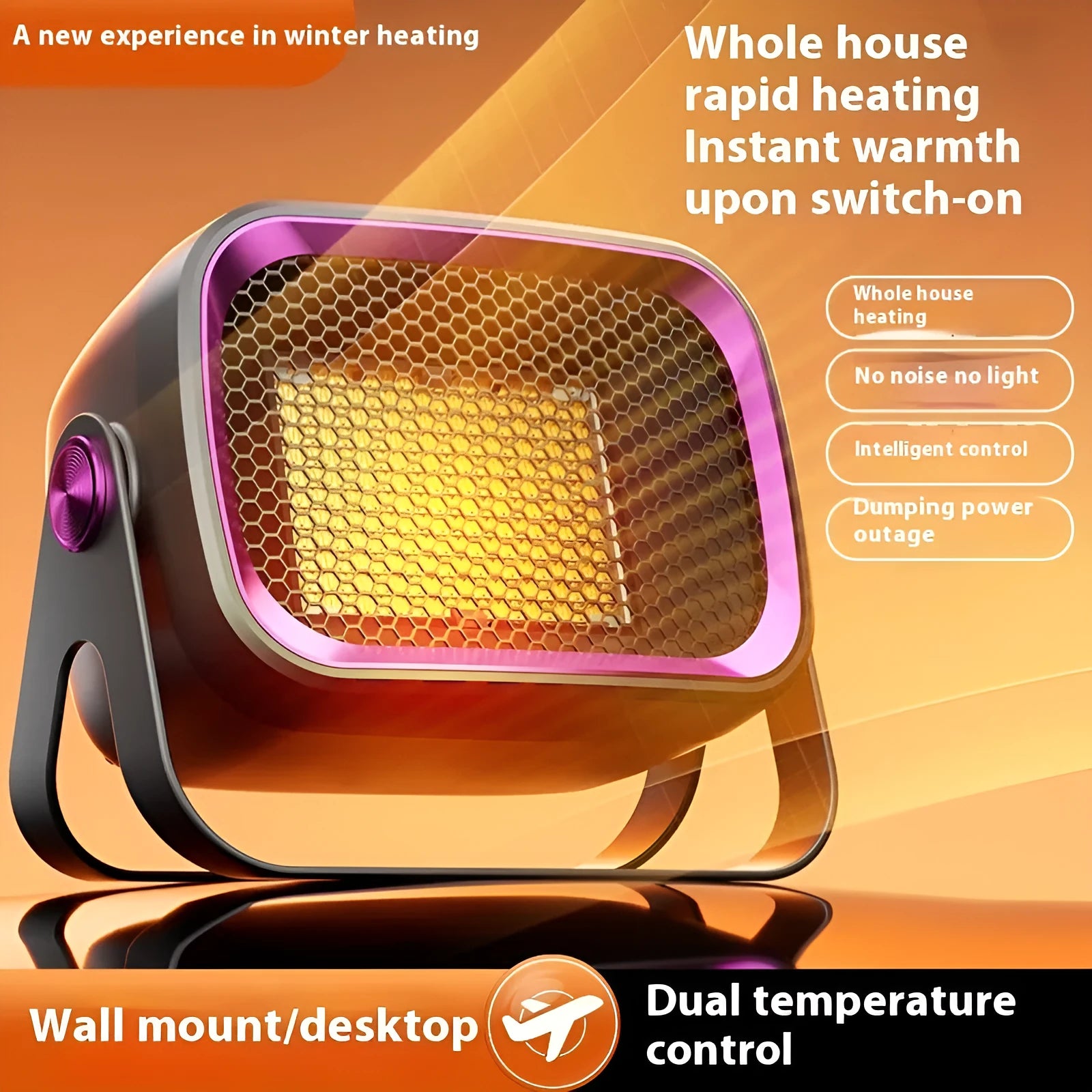 White desktop ceramic fan heater with rotatable base on a wooden table.