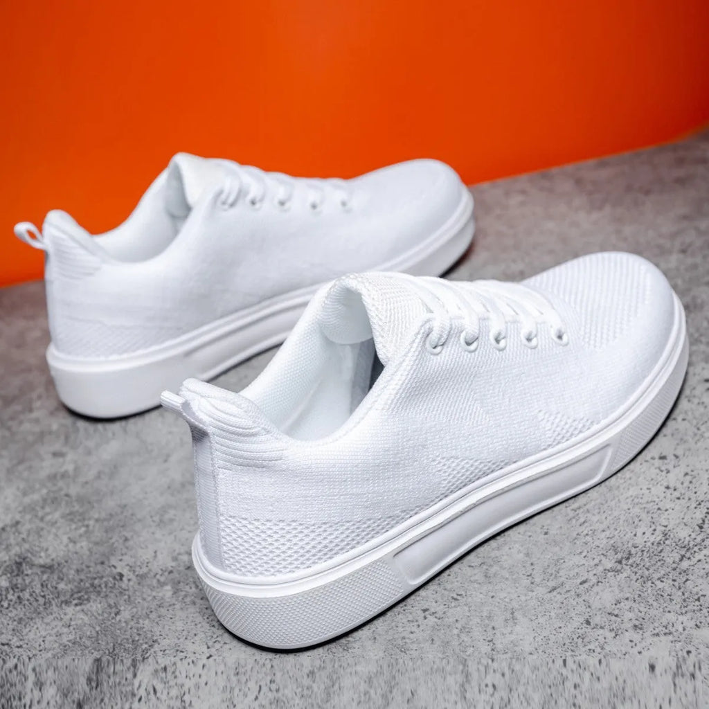 Unisex thick-soled sports casual board shoes in white with mesh upper and flat heel, sizes 35-41