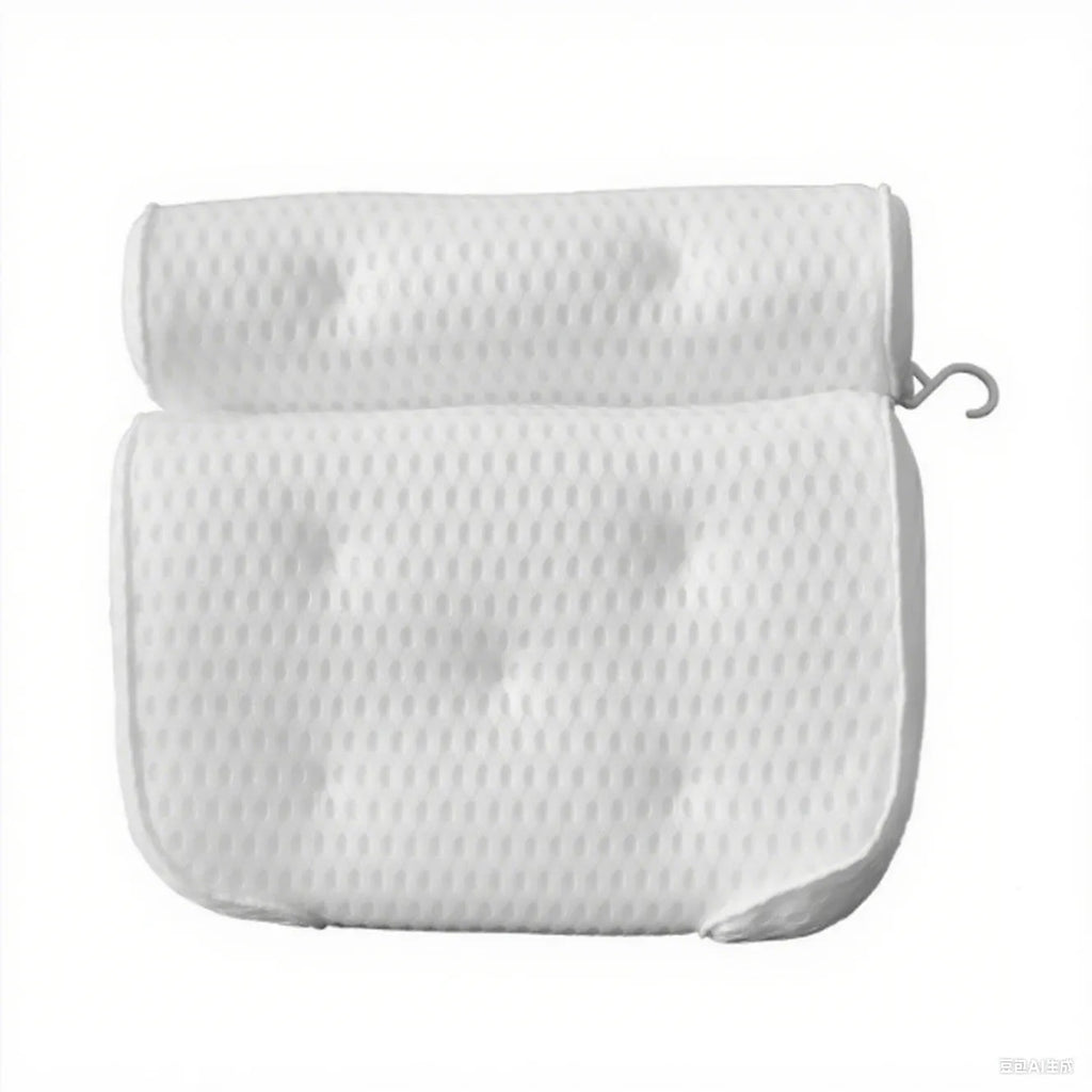 White bathtub pillow with 4D mesh fabric and 7 suction cups on a 3D material cover.