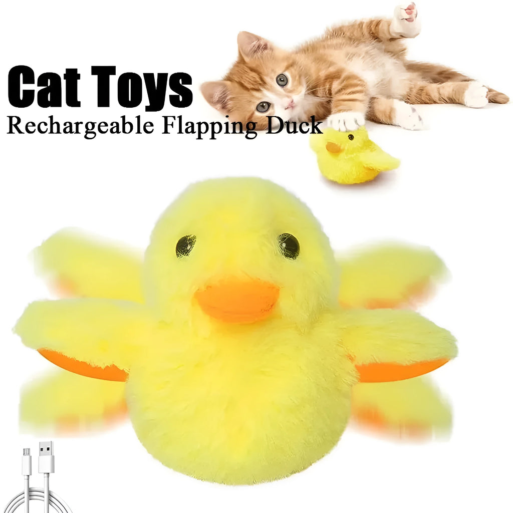 Yellow polyester plush electric duck cat toy with a USB charging cable.