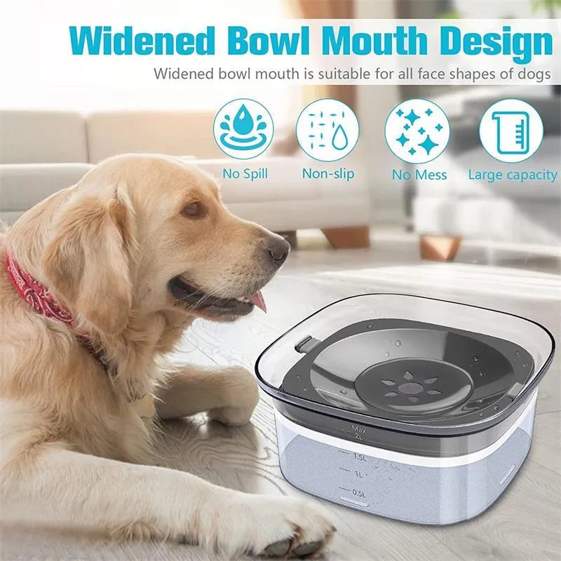 Transparent 70oz/2L dog water bowl with visible water level and floating disk