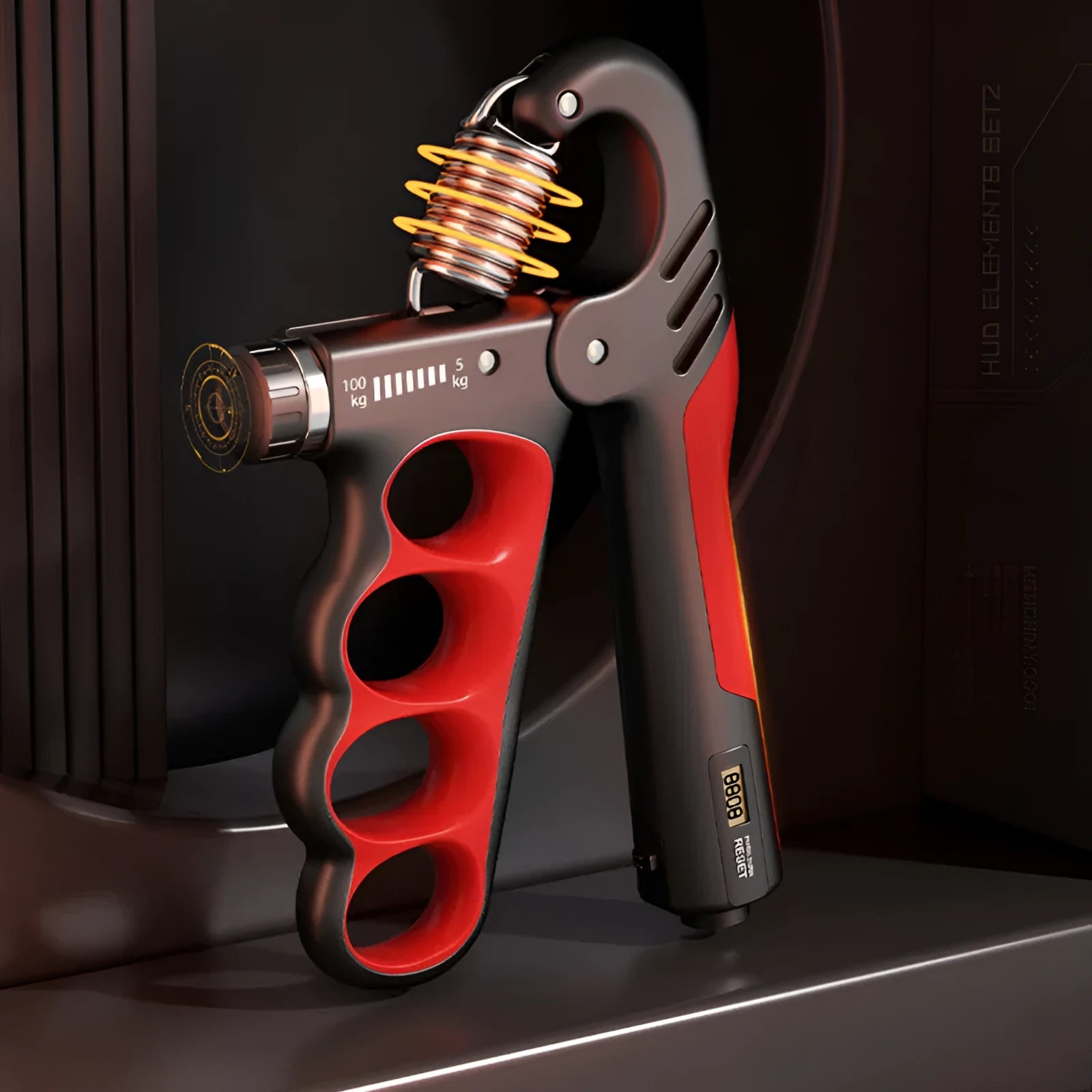 Adjustable electronic counter spring grip in orange colour with digital display.