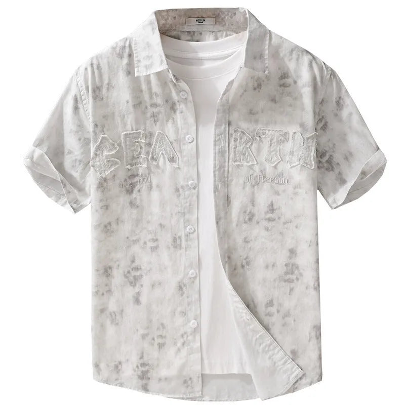 Men's cotton short sleeve cardigan with hanging dyed print in gray white, loose fit, front view