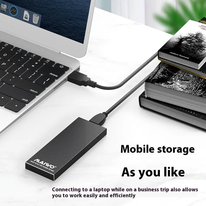 USB 3.0 M.2 SSD enclosure in aluminium alloy, black colour, on a table with USB cable