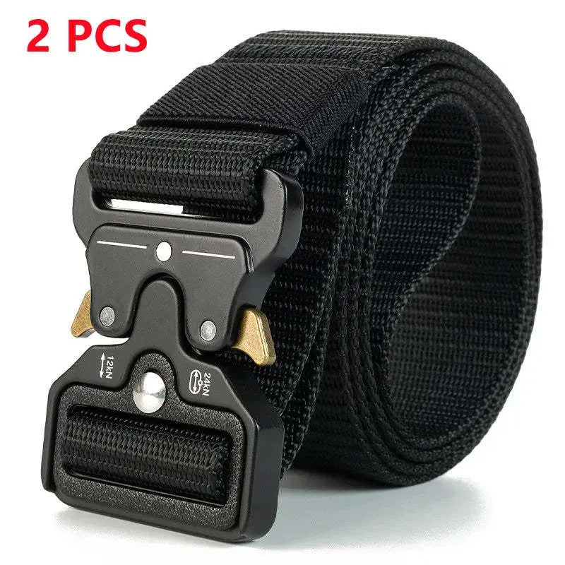 Men's thick canvas tactical belt with alloy buckle in multiple colour options showing release mechanism