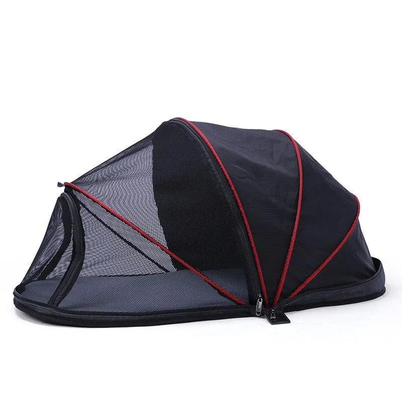 Folding cat tent with half mesh canopy in black or blue options