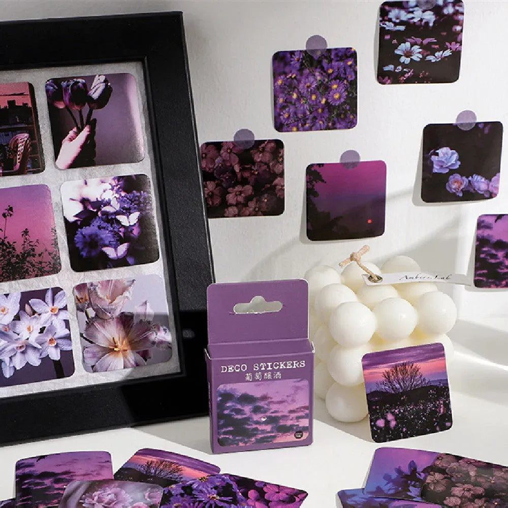 Nordic nature decorative stickers box showing mountain, sea, sunshine and floral patterns in square 44mm format