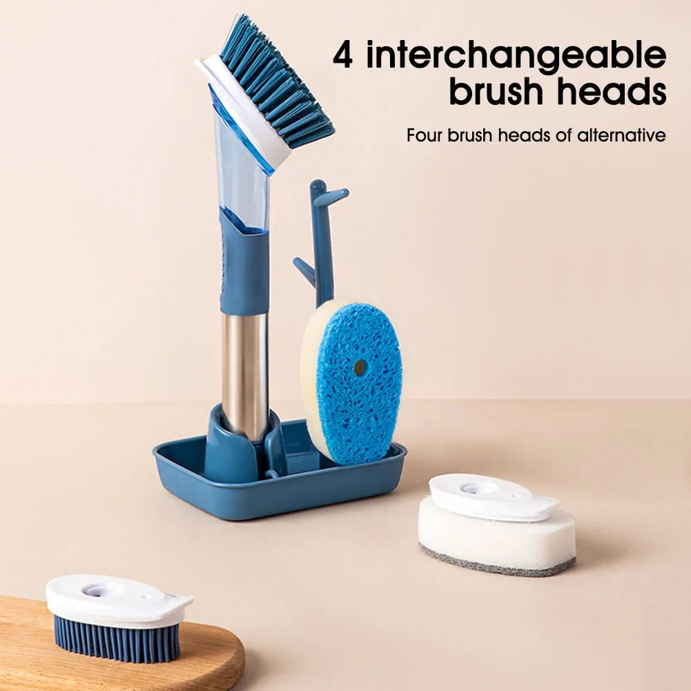 Multifunctional dish brush with soap dispenser, long handle, scouring block and sponge, in blue colour on a kitchen counter