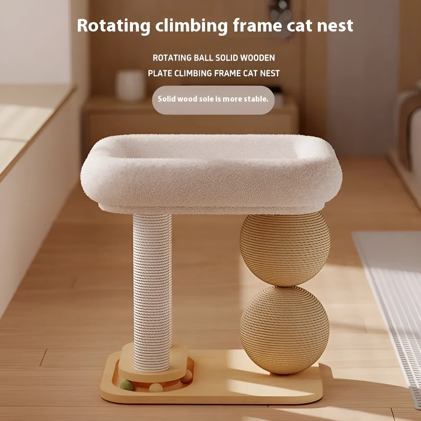Pine wood cat nest with scratching balls in sisal style finish