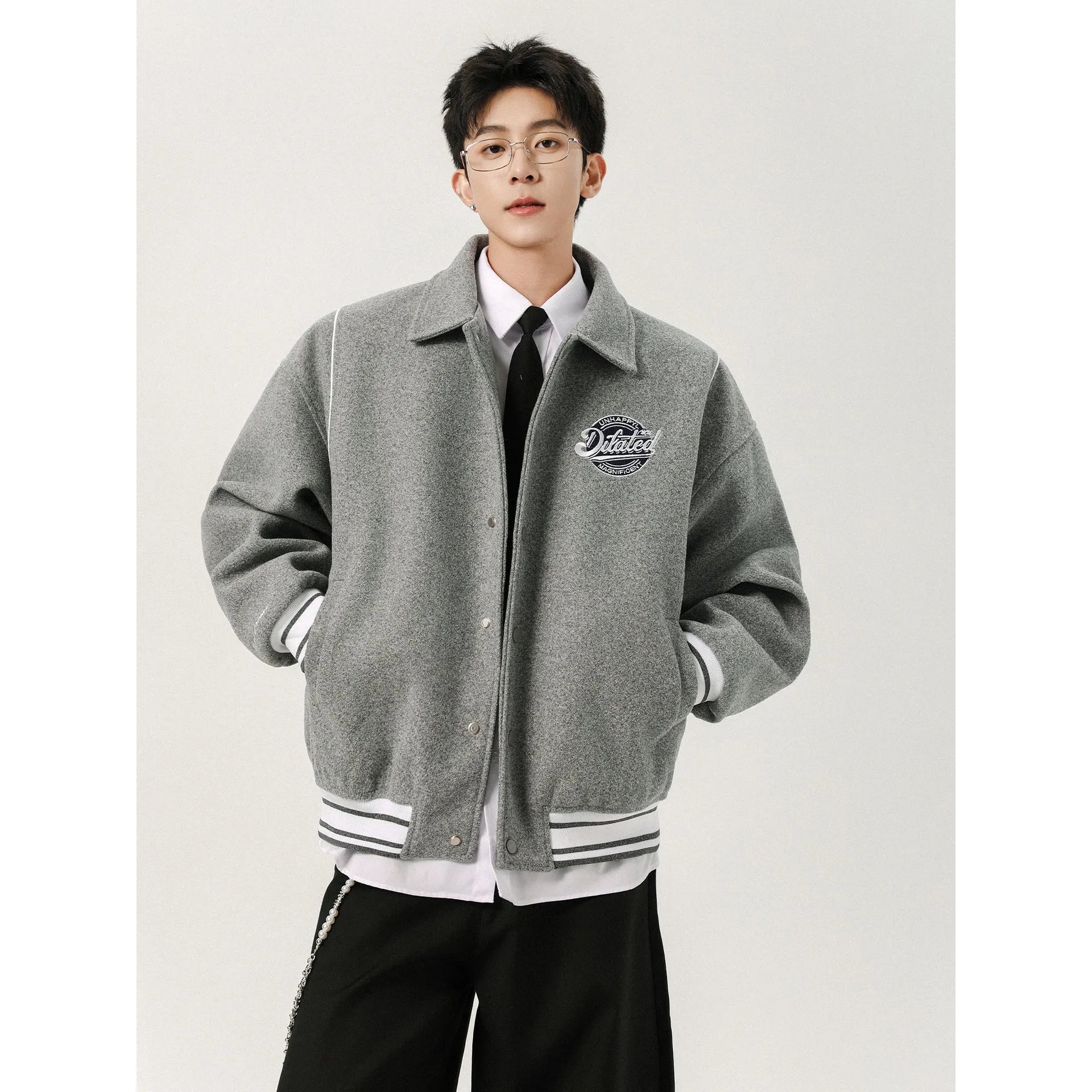 Men's casual patchwork vintage jacket in Flower Gray with stripes and stick pocket, loose fit