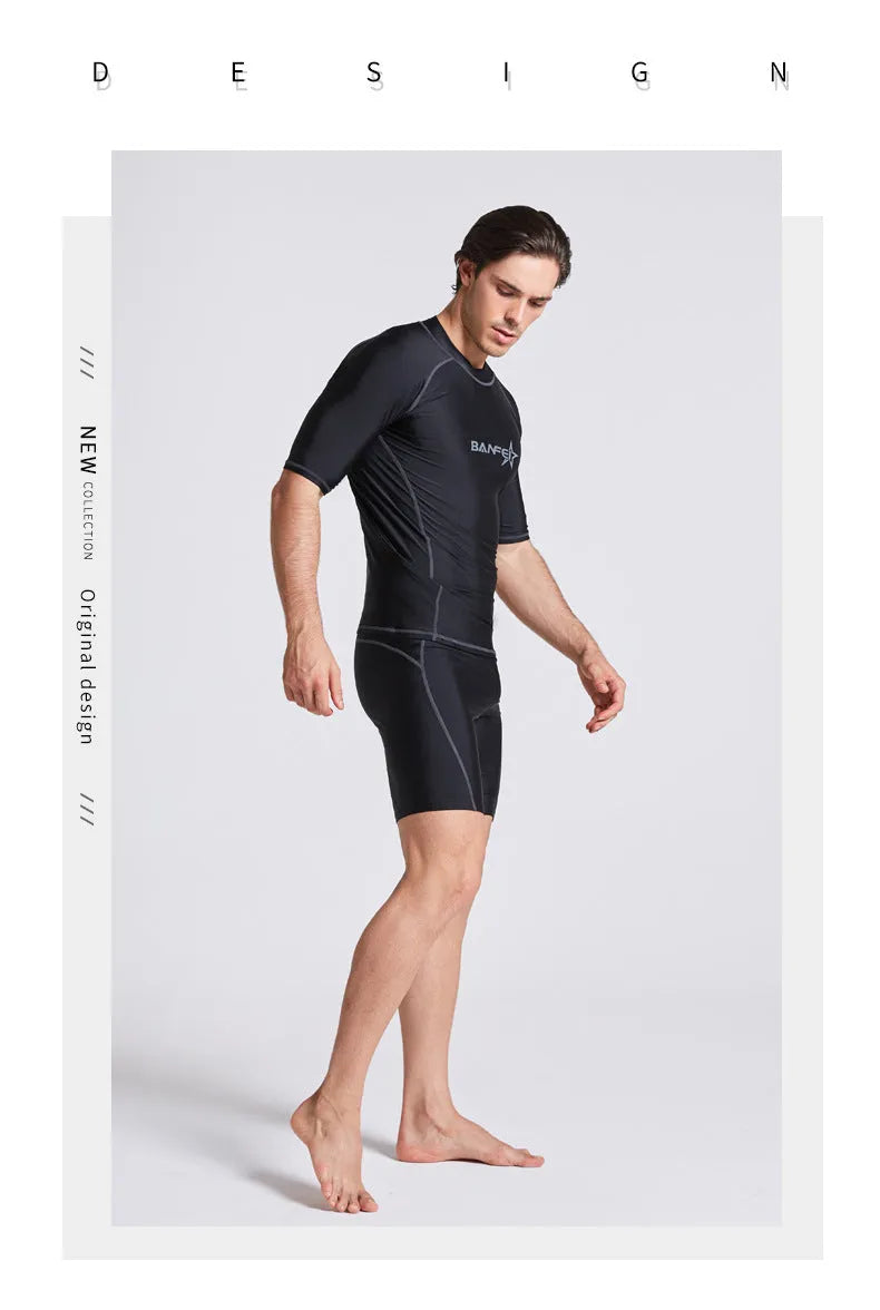 Men's quick-dry nylon swimsuit top and pants set for surfing and snorkelling.