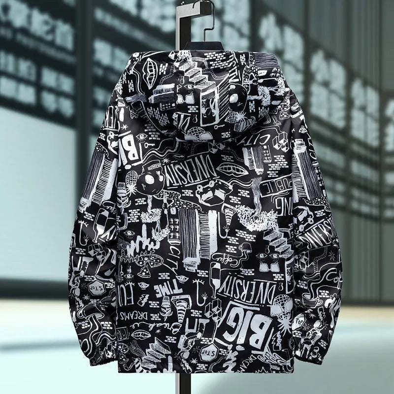 Men's loose fit reversible jacket with solid colour and flower pattern in black, front view