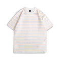 Striped short sleeve t-shirt with round neck in apricot colour showing loose fit and half sleeve design