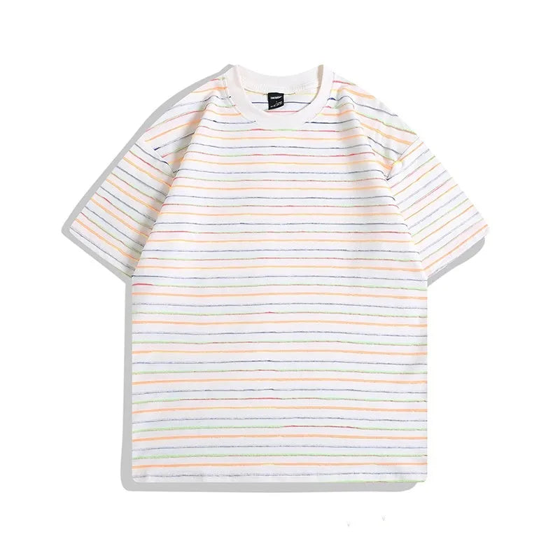 Striped short sleeve t-shirt with round neck in apricot colour showing loose fit and half sleeve design